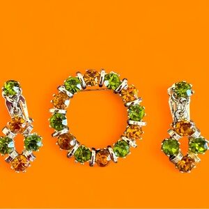 Vintage Camelot Crystal Brooch Earrings Set. Amazing Fall Autumn 🍂 Colors